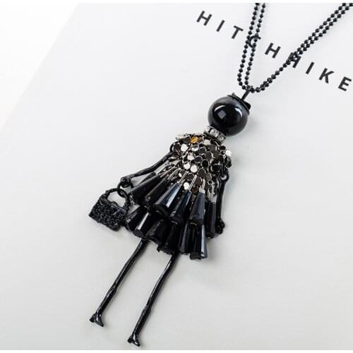 Korean Fashion Womens Sweater Chain Necklace Black Red Cartoon Doll Pendant Beads Link Necklaces For Women Christmas Gift