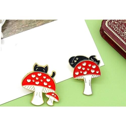 Cartoon Little Black Cat Mushroom Enamel Pins Black Kitten on Mushroom Badge Custom Brooch Bag Clothes Lapel Animal Jewelry Gift