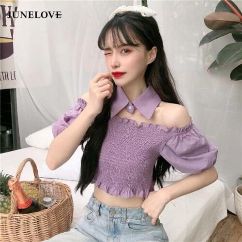 JuneLove Summer New Korean Style Blouse Womens Slash Short Casual Top Puff Sleeve Bow Patchwork Shirrt Sweet Clothing Korea Top