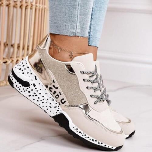 Spring Lace-Up Platform Sports Shoes for Women Breathable Ladies Sneakers Leopard Print Faux Fur Sneakers Womens Casual Shoes