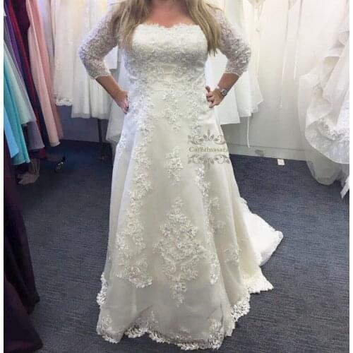 3/4 Sleeves Lace Wedding Dress A-Line Appliques Tulle Bridal Dresses Sheer Back Sweep Train Plus Size Wedding Gowns