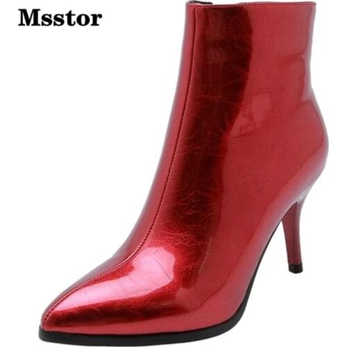 Patent Leather Red Boots Women Sexy Concise Stiletto Pointed Toe Ankle Boots Women Fashion Zipper Rubber Women Boots High Heels