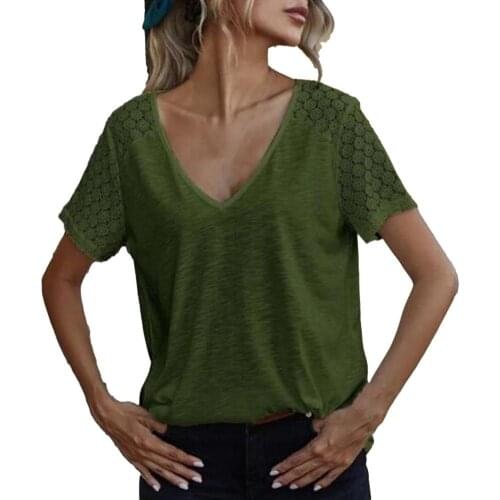 Summer Women T-Shirts Lace V Neck Summer Tops polyester Solid Color Short Sleeve T-shirt V neck lace beautiful T-shirt Women