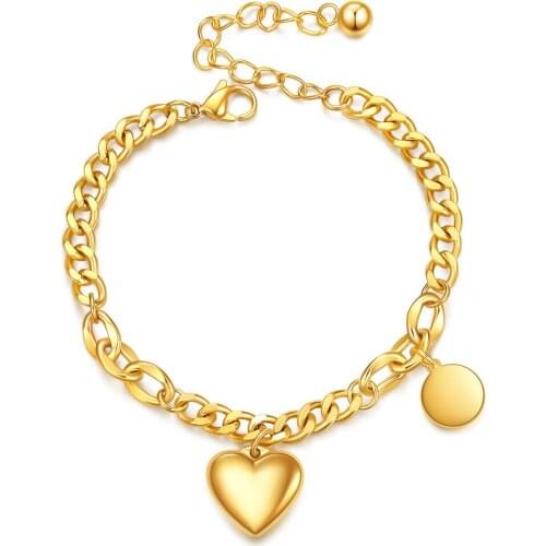 Stainless Steel Link Chain Bracelet Charms Heart Round Pendant Bracelet Jewelry Accessories Fashion OL Women Jewelry