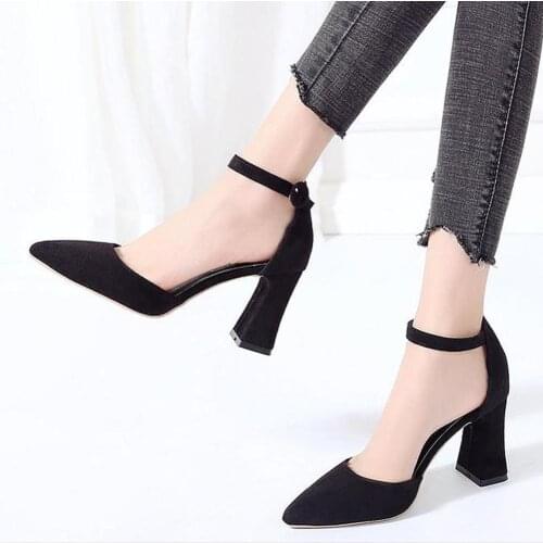 2020 new word buckle with pointed high heels thick heel sandals womens shoes Baotou suede Korean punps single shoes women