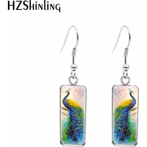 2021 New Peacock Painting Rectangular Earring Peacocks Art Fish Hook Earring Glass Dome Handmade Jewelry