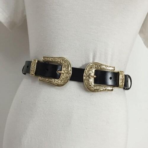 New Thin Vintage Belts For Women Dress Gold Double Buckle Faux Leather Waistband PU Leather Adjust Belt Straps Accessories Jeans