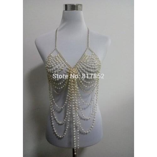 New Style Fashion Women Gold Colour Chains Imitation Pearls Beads Bra Body Chains Jewelry 2 Colors WRB21