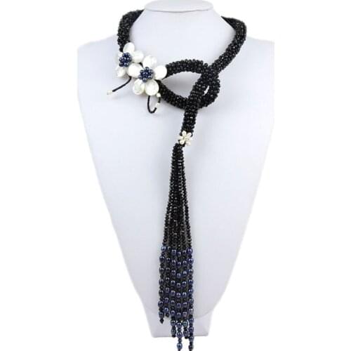 30mm&35mm Natural Freshwater Pearls Shell Flower Necklace Luxury Crystal Long Tassel Necklace Fine Jewelry 30" For Women Gift