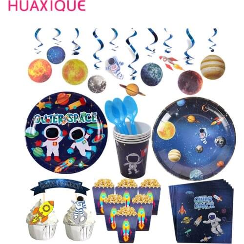 Outer Space Astronaut Party Supplies Disposable Tableware Paper Cups Plates Napkin Candy Cake Box Happy Birthday Banner Boutting