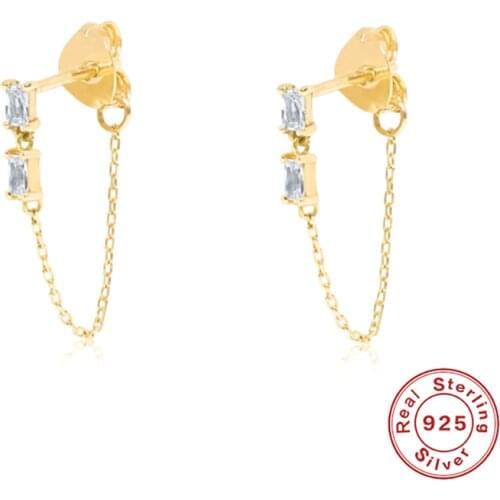 Aide 925 Sterling Silver Two White Zircon Chain Stud Earrings Rock Punk Long Chain Piercing Pendiente Luxury Fine Jewelry Gift