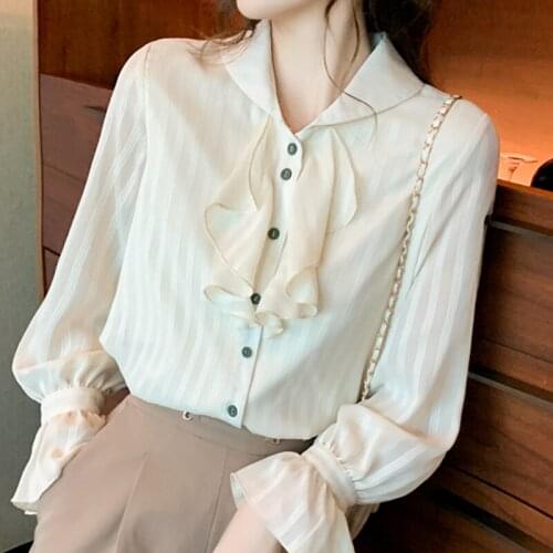 Long Sleeve Ruffles Striped Chiffon Blouse Shirt Women Tops Blouse Women Blusas Mujer De Moda 2021 V-Neck Women Blouses E402