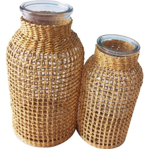 2 Pack Straw Glass Flower Vase Japanese Flower Pot in the Nordic Contracted Creative Flower Basket to Water Plants