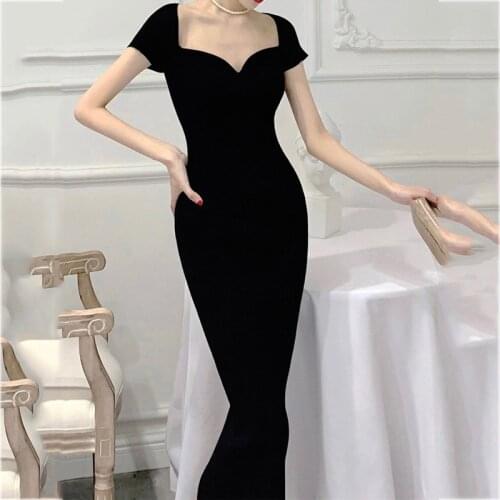 French Style Vintage Dress Women Short Sleeve Slim Black Sheath Dress Knitted Sexy High Split Long Evening Party Dresses Vestido