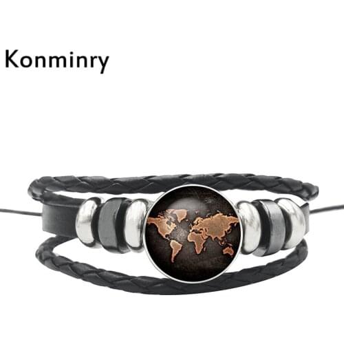 Vintage World Map Globe Leather Rope Bracelet Glass Dome Buttons Africa Bangle For Women Men Gifts Jewelry