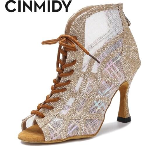 CINMIDY Woman Latin Dance Boots Samba Ballroom Dance Shoe Ladies Breathable Mesh High Heel Fashion High Boots Shoes