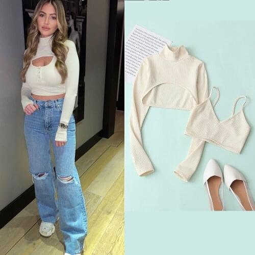 Women Sexy Beige Knitted Short Blouses Za Fashion 2021 Streetwear Spring Cropped Tops Mujer Chic Cool Blouses