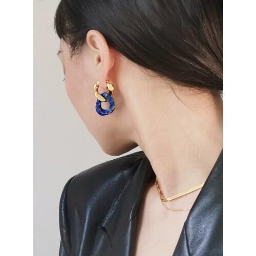 Brass With 18K Gold Double Color Natural Stone Link Earrings Women Jewelry Punk Party Gown Runway rare Boucle Korean Japan