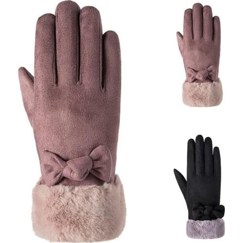 Women Gloves Suede Cute Bowknot Winter Warm Gloves Touch Screen Gloves