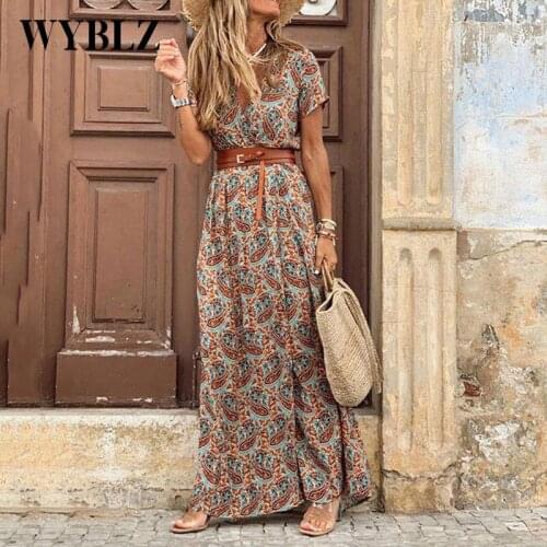 WYBLZ 2021 New Bohemian Summer Casual Belt Print Split Dress Women Fashion Sexy Deep V Neck Short Sleeve Ladies Dresses Vestidos