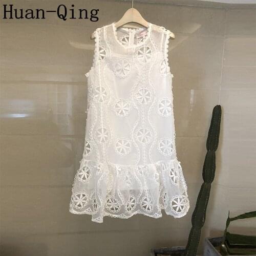 High Quality Tulle Lace Embroidery Summer Women Ruffles Vest Dress Ladies Sexy Sleeveless Hollow Out Party Tank Dresses Vestidos