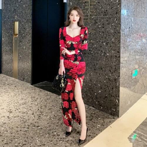 New arrival fashion korean spring beach long dress women OL professional temperament boho vintage print floral slim pencil dress