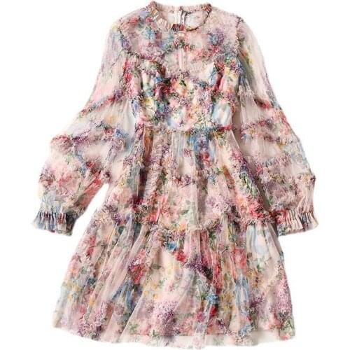 Short Dress Women Long Sleeves 2021 Spring Summer Chiffon Printed Round Neck Pink High Waist Above The Knees S-XL