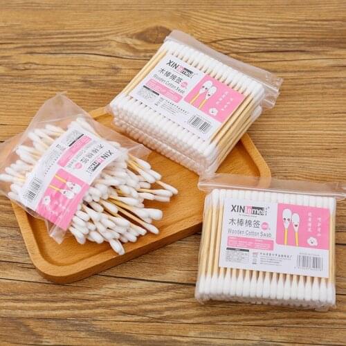 100pcs/bag Ends Wood Baby Cotton Swabs Disposable Hygiene Cotton Bud Rod for Picking Babys Ear Women Girls Makeup Swabs