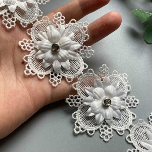 20x 3D White Pearl Beaded Flower Embroidered Lace Trim Ribbon Floral Applique Patches Dress Fabric Sewing Craft Vintage 5X6cm