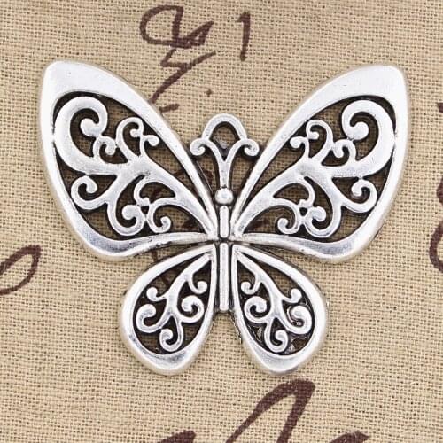 3pcs Charms Hollow Butterfly 50x57mm Antique Bronze Silver Color Pendants Making DIY Handmade Tibetan Bronze Jewelry