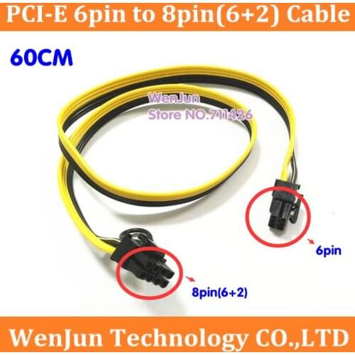 50PCS/LOT GPU PCI-E 6pin Male to 8pin(6+2) Male dapter Power Extention Cable 60cm 18AWG Ribbon Cable Free Shippingy by DHL/ems