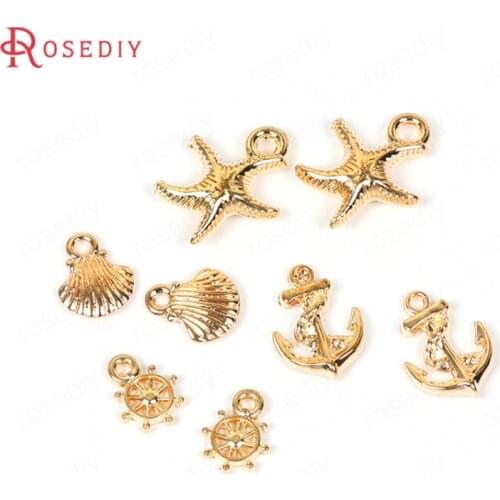 B030)20 pieces Gold Color Alloy Starfish Shell Rudder Anchor Earring Hair Jewelry Charms Pendants Jewelry Findings Accessories