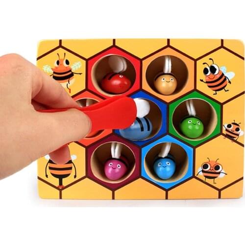 Wooden Hive Games Board 7Pcs Bees with Clamp Fun Picking Catching Toy Educational Beehive Kids Toy