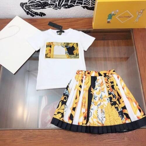 Designer Clothes For Kids Girls Sets Summer Short Sleeve T-shirt Children Bohemian Top+Pleated Skirt 2Pcs Outfit Baby Brand Suit