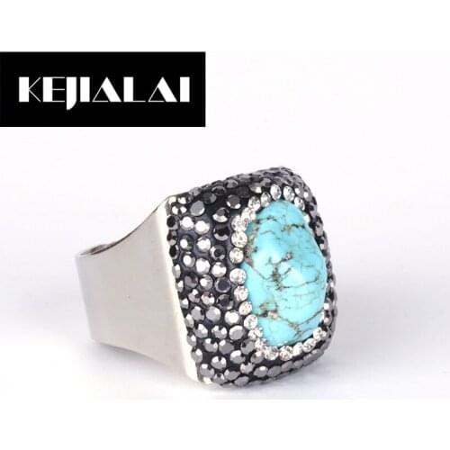 KEJIALAI Fashion Bohemian Style Silver Color Women Finger Ring Big Round Green Stone Adjustable Ring Wedding Party Jewelry