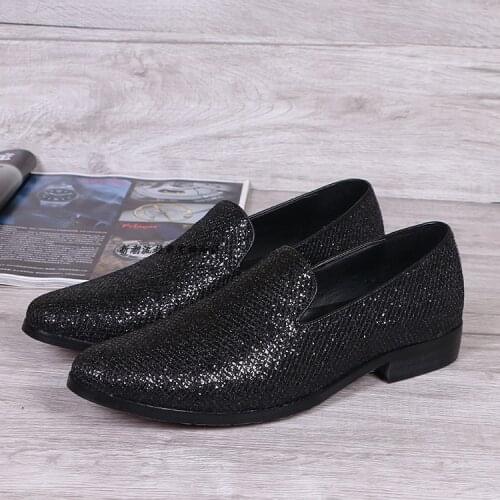 New Men Suede Flats Shoes Flower Party Wedding Handmade Men Loafers Italian Formal Dress Shoes Fashion Glitter Smoking Slippers