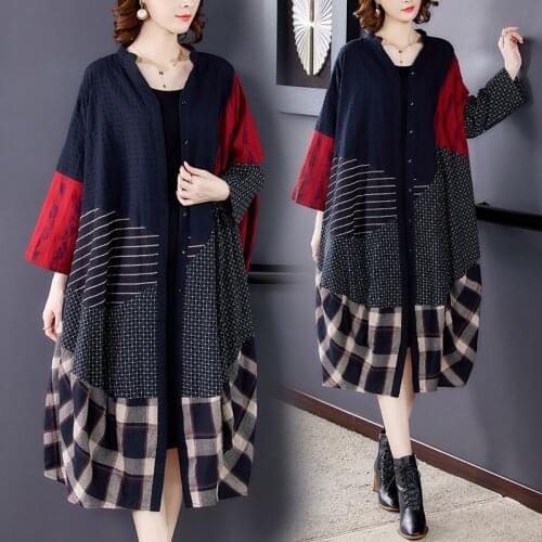 Runaway Autumn New Large Size Loose Womens Retro Ethnic Style Stitching Cotton and Linen Elegant Long Coat Windbreaker Women