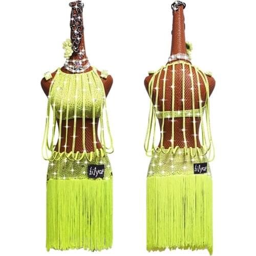 Latin Dance Dress Latin Skirt Competition Dress Costumes Performing Dress Sparkly Rhinestones Customize Fluorescent Green Tassel