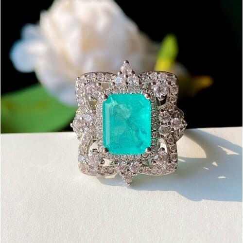 Luxury Women Engagement Rings 8*10 Paraiba Tourmaline Emerald Gemstone Rings For Girlfriend Fine Anniversary Gift