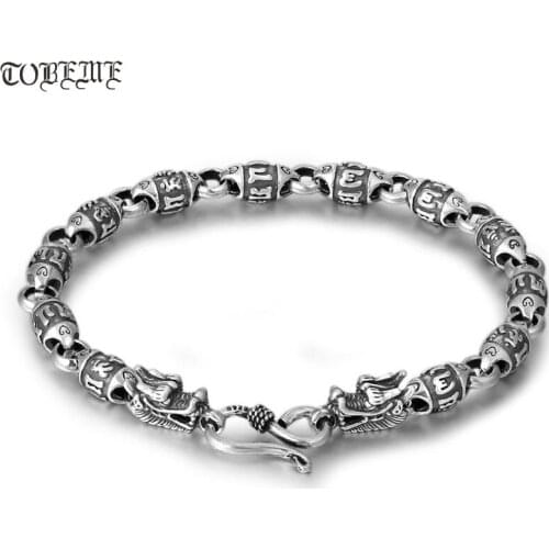 Handcrafted 100% 925 SilverTibetan Dragon Six Words Proverb Beaded Bracelet 925 Sterling Buddhist OM Mantra Dragon Bracelet