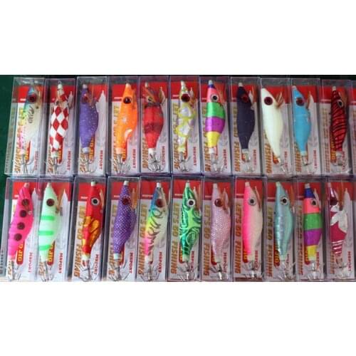 Mix Color Boxed Squid Jig Hook 40Pcs Wood Shrimp Fishing Lure Umbrella Hook Octupus Lures Random Color 10cm 11g
