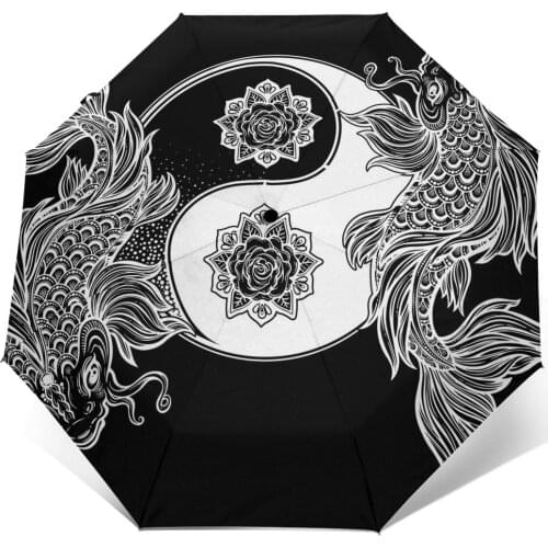Wind Resistant Fully-Automatic Umbrella Yin Yang With Fish Rain 3 Folding Parasol Travel Car Umbrella