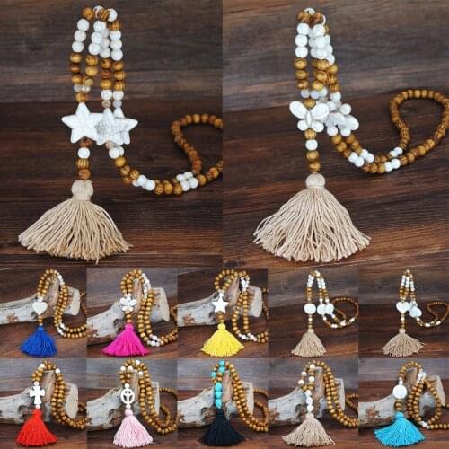 Vintage White Natural Stone Heart Necklace Ethnic Long Tassel Pendant Necklace Unique Wooden Beaded Necklace Women Jewelry