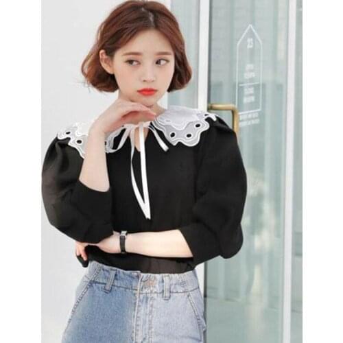 Women Lolita Decorative Fake Collar Lace Shawl Capelet Hollow Embroidery Layered Dickey Self-Tie Ribbon Mesh Necklace