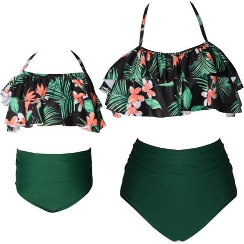 Women/Kids Swimsuit Two Piece Parent-child outfit Fashion Print Ruffled High Waist Split Bathing Suits Bikini Beach Dress Up
