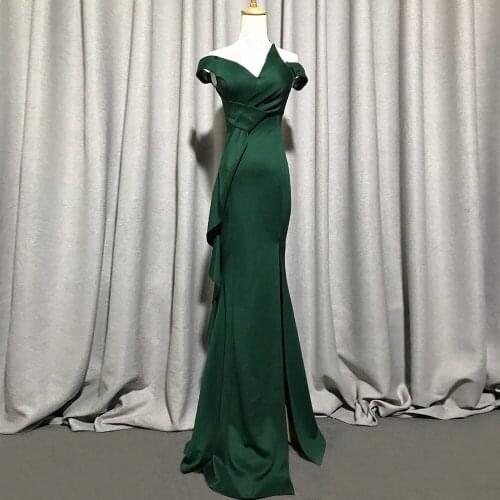 QSYYE Dark Green Elastic Evening Dresses Off Shoulder Mermaid Formal Gown Sexy V Neck Bow Knot Ribbon Slit Prom Party Gown