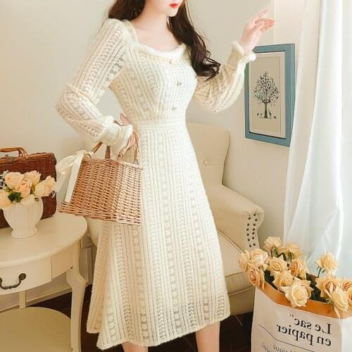 2021 Spring Autumn Womens Dress Solid Plush Square Collar Buttons A-line Mid-Calf Thick Office Lady Elegant Lace Dress