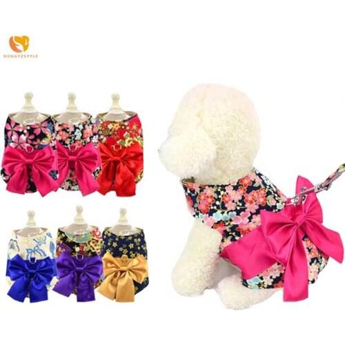 Pet Dog Vest Harness Kimono Dogs Dress Japanese Cherry Blossom Bow Pet Outfit Cat Princess Dress Skirt perro Gato Correa