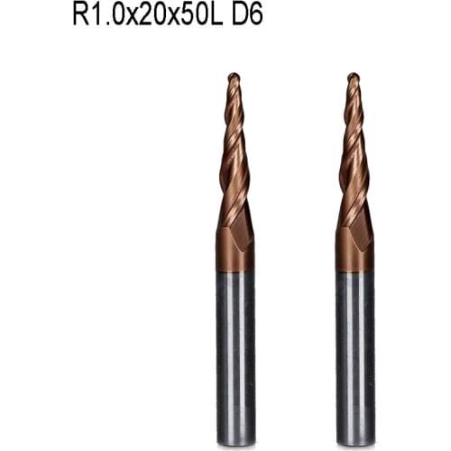 2PCS R1*D6*20*50L*2F HRC55 Tungsten solid carbide Coated Tapered Ball Nose End Mills taper and cone endmills