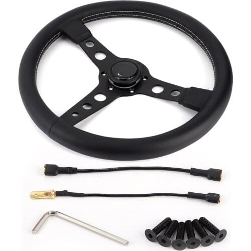350mm/14in for MOMO Prototipo Style 6Bolt Black Leather Racing Steering Wheel Gray Stitching with Horn Button Modified Accessory